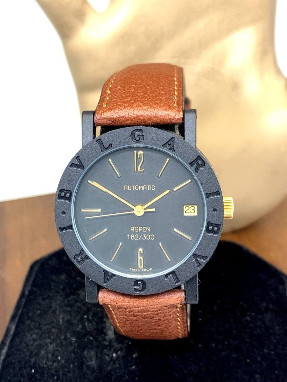 Bvlgari Watch Limited Edition Aspen Swiss Automatic Black Dial Brown Leather